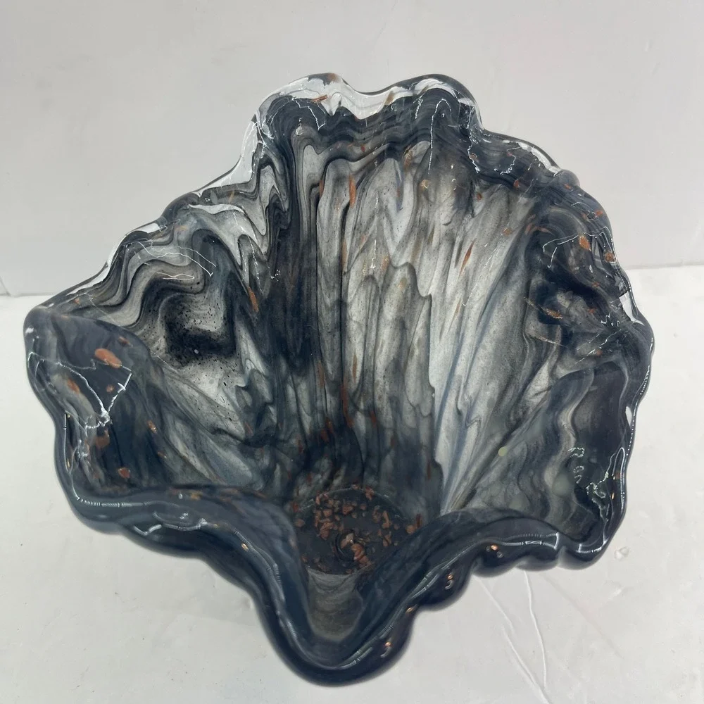 Vintage Murano Style Handkerchief Art Glass Vase Gray‎ Copper Fleck Ruffle
